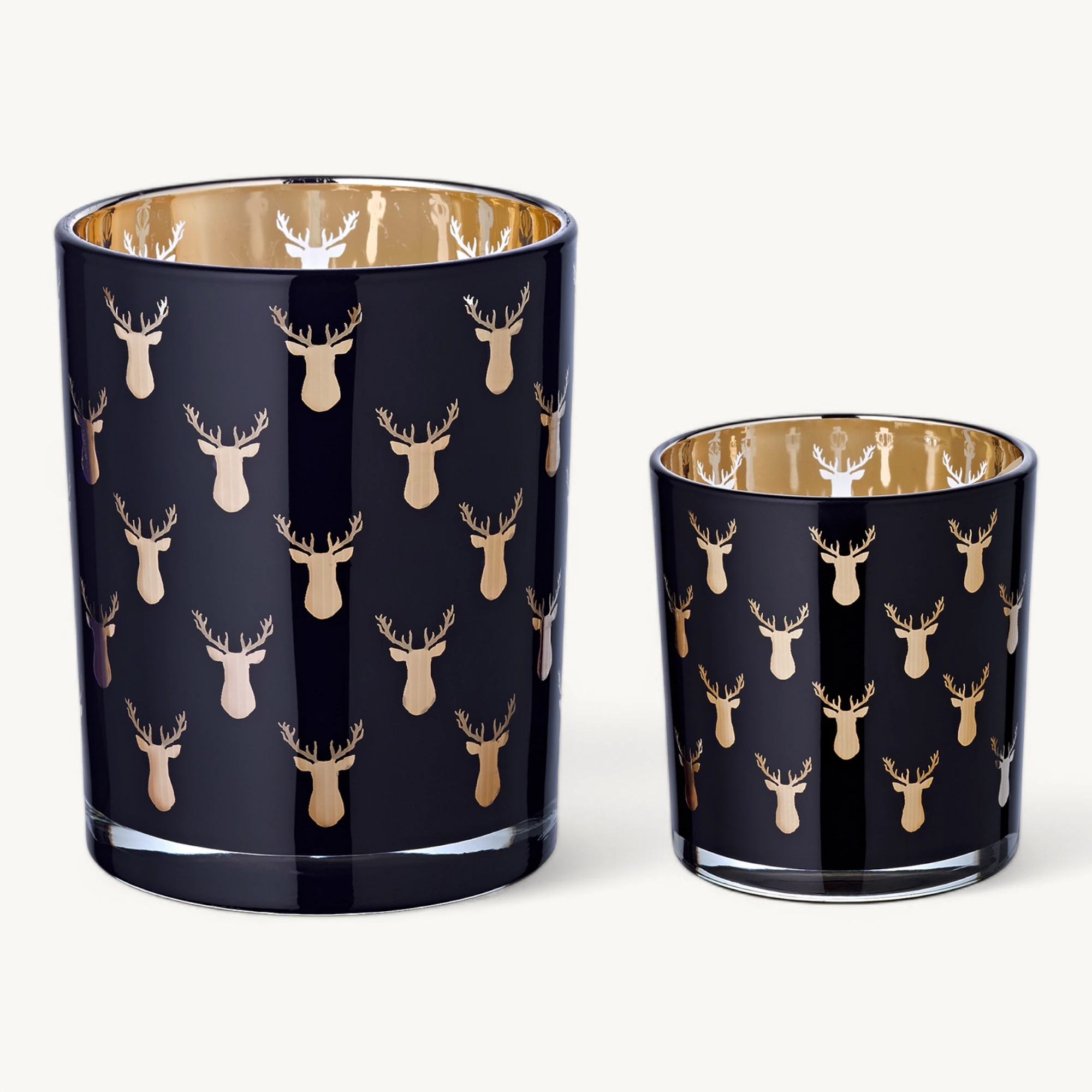 2er-Set Teelichtglas Rosy (Höhe 8 & 13 cm), schwarz, Hirsch-Motiv
