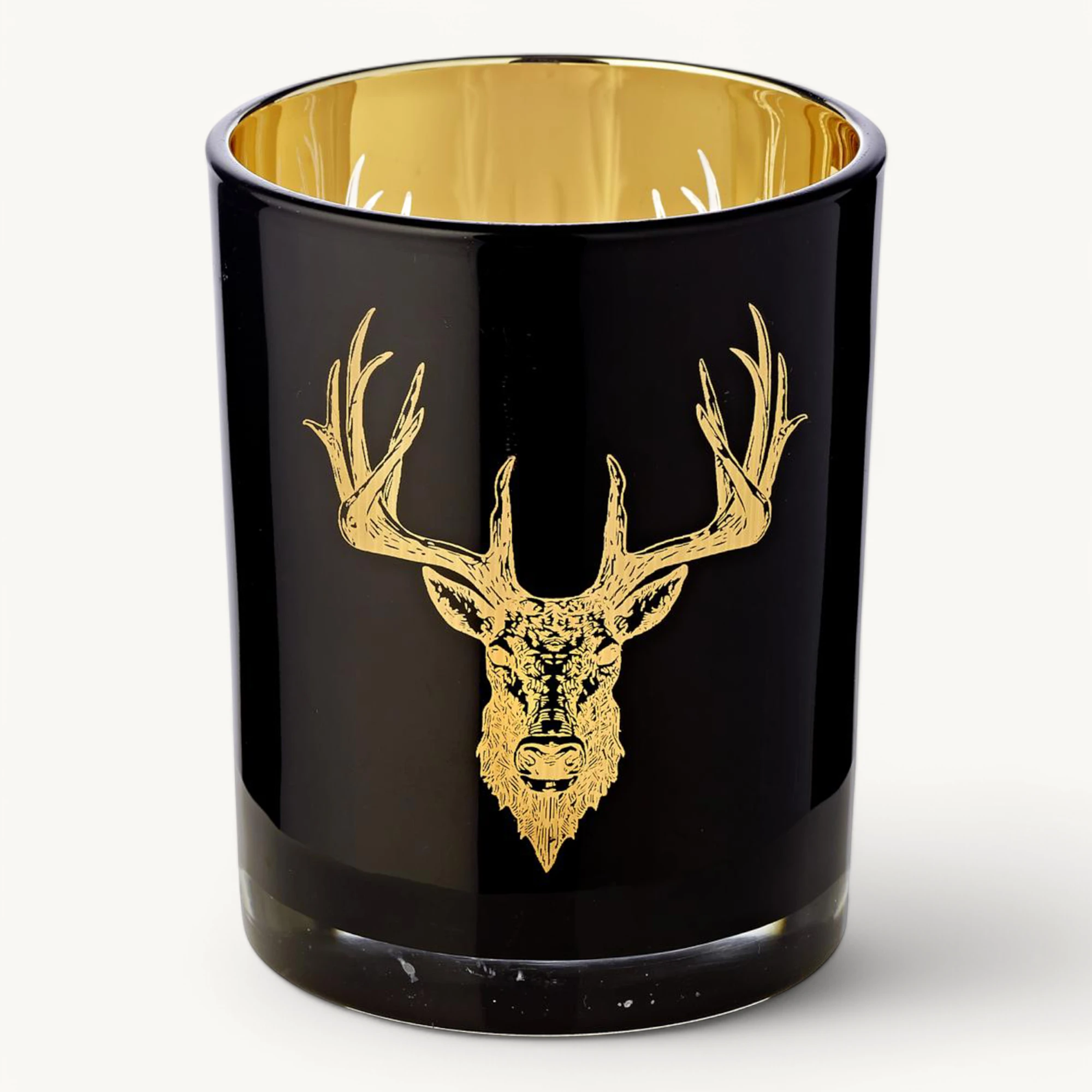 Teelichtglas Tom (Höhe 13 cm), schwarz, Hirsch-Motiv