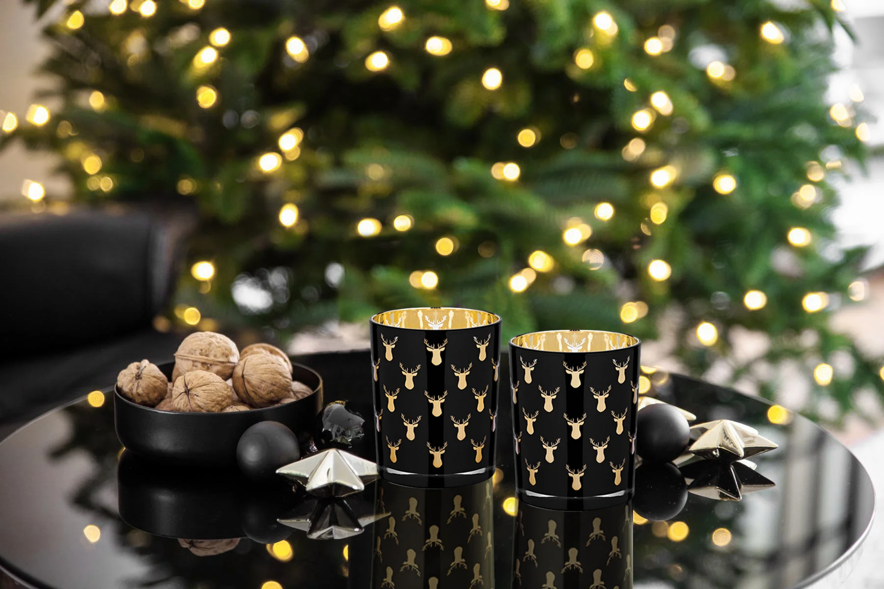 2er-Set Teelichtglas Rosy (Höhe 8 cm), schwarz, Hirsch-Motiv 2er-Set Teelichtglas Rosy (Höhe 8 cm), schwarz, Hirsch-Motiv