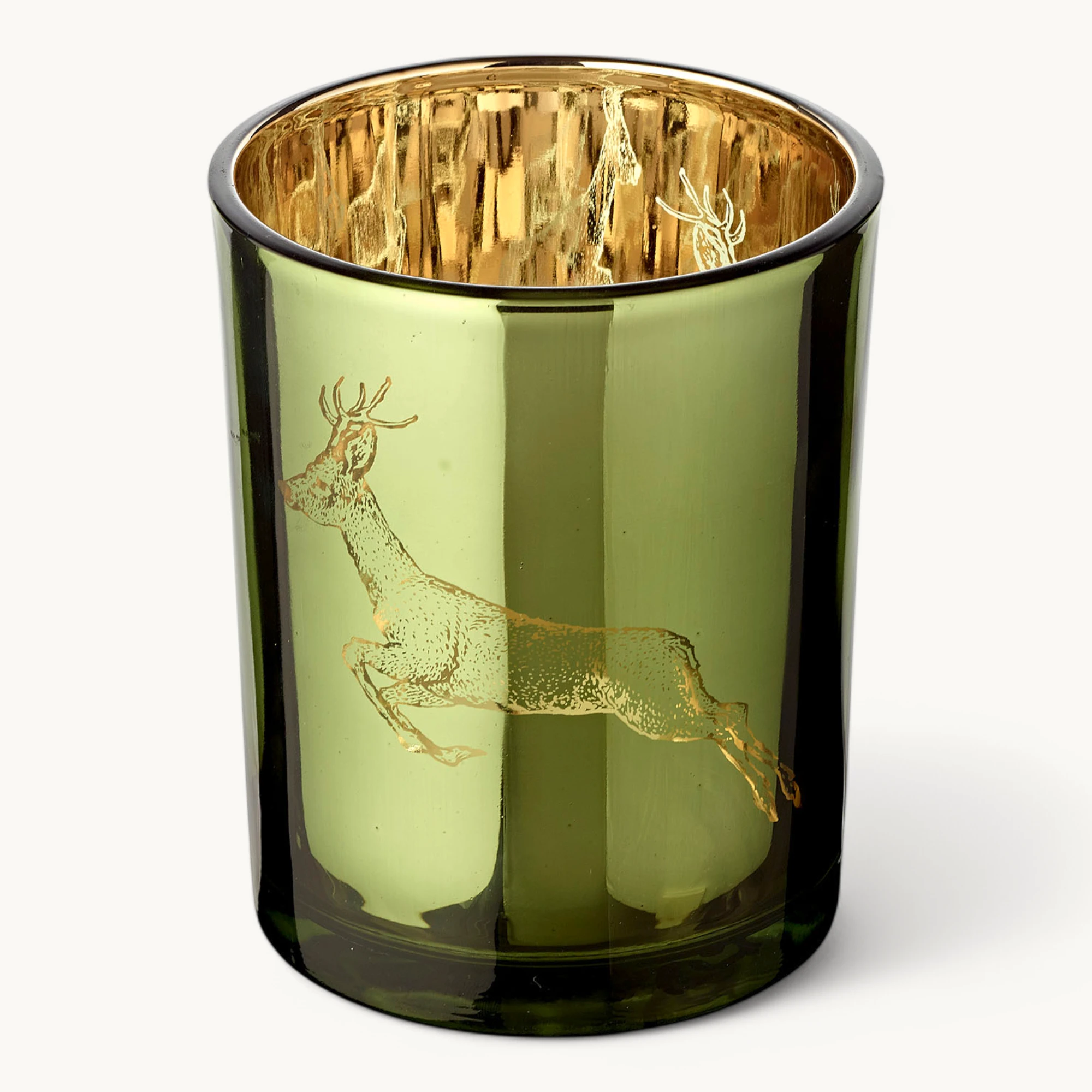 SALE Teelichtglas Sammy (Höhe 13 cm),  grün & goldfarben, Hirsch-Motiv
