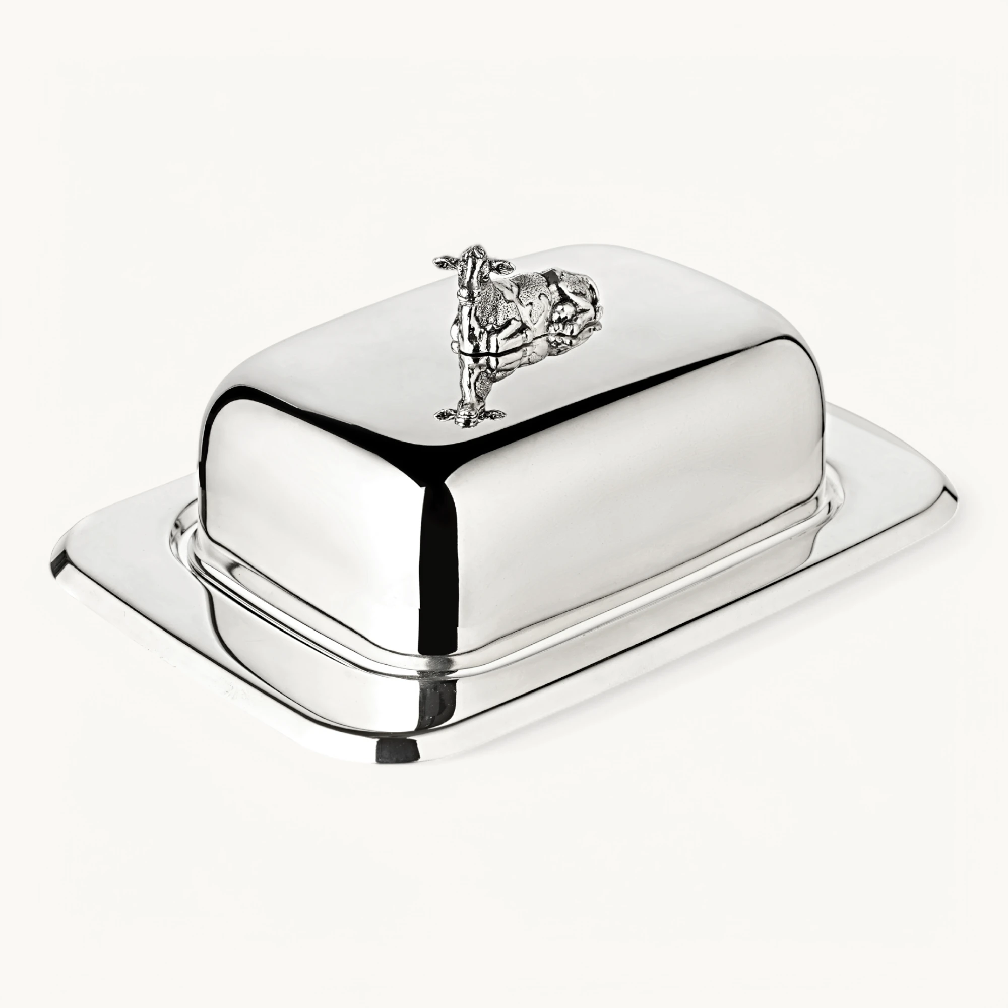 Butterdose Kuh (250 g Butter), Kuh-Figur, edel versilbert, mit Glasschale & Buttermesser