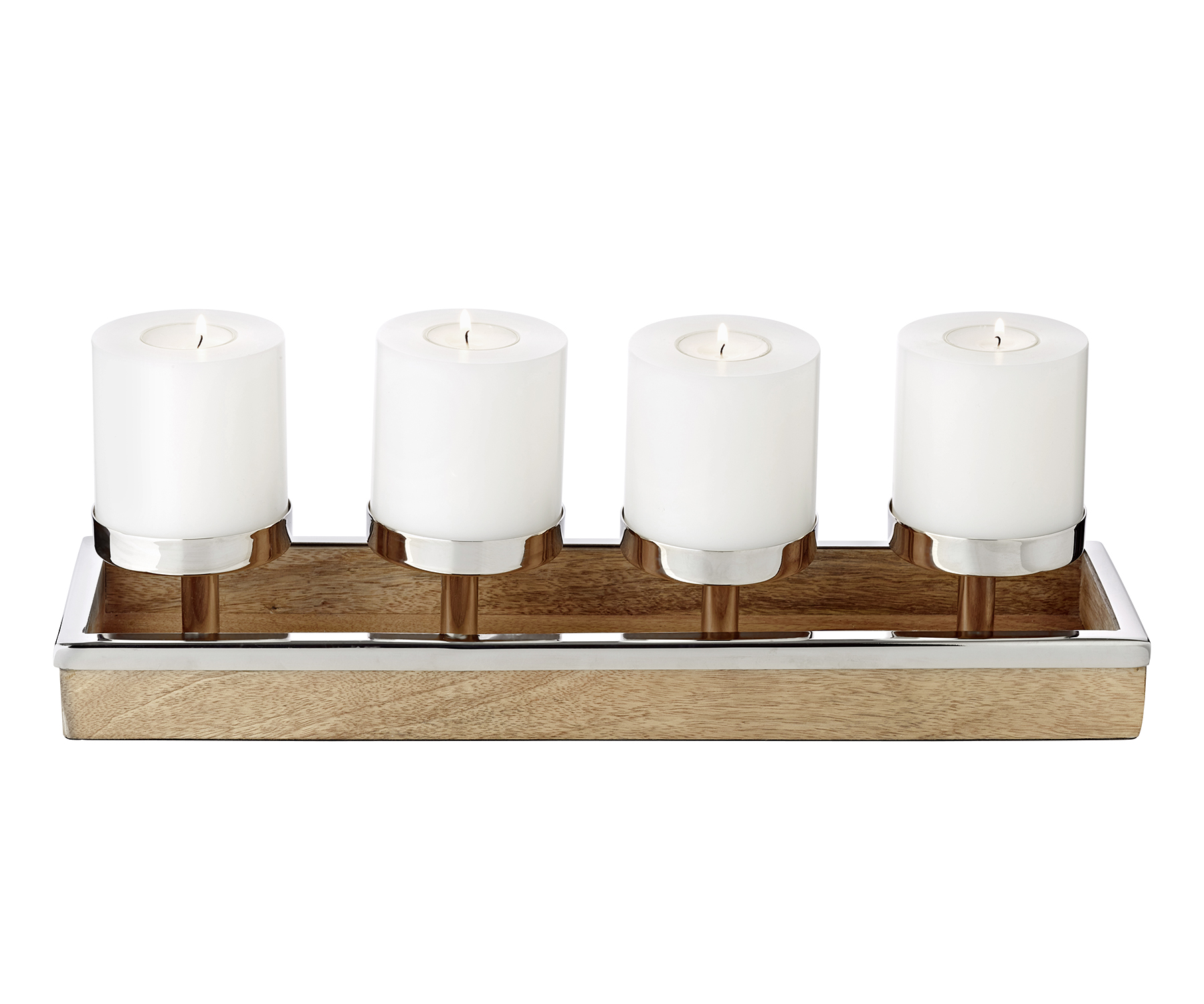 Adventskerzenhalter Lille (Höhe 9 cm, Länge 45 cm), Edelstahl und Mangoholz, für 4 Kerzen ø 8 cm
