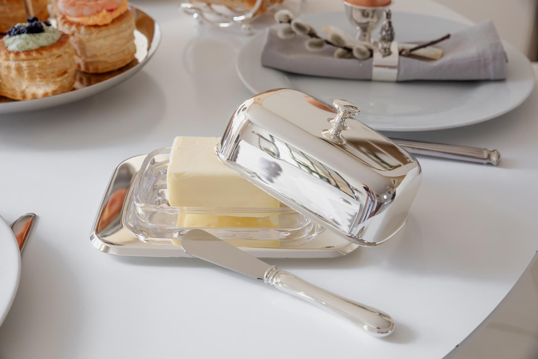 2. Wahl Butterdose Mista, 13 x 18 cm, versilbert, mit Glasschale und Buttermesser, für 250 g