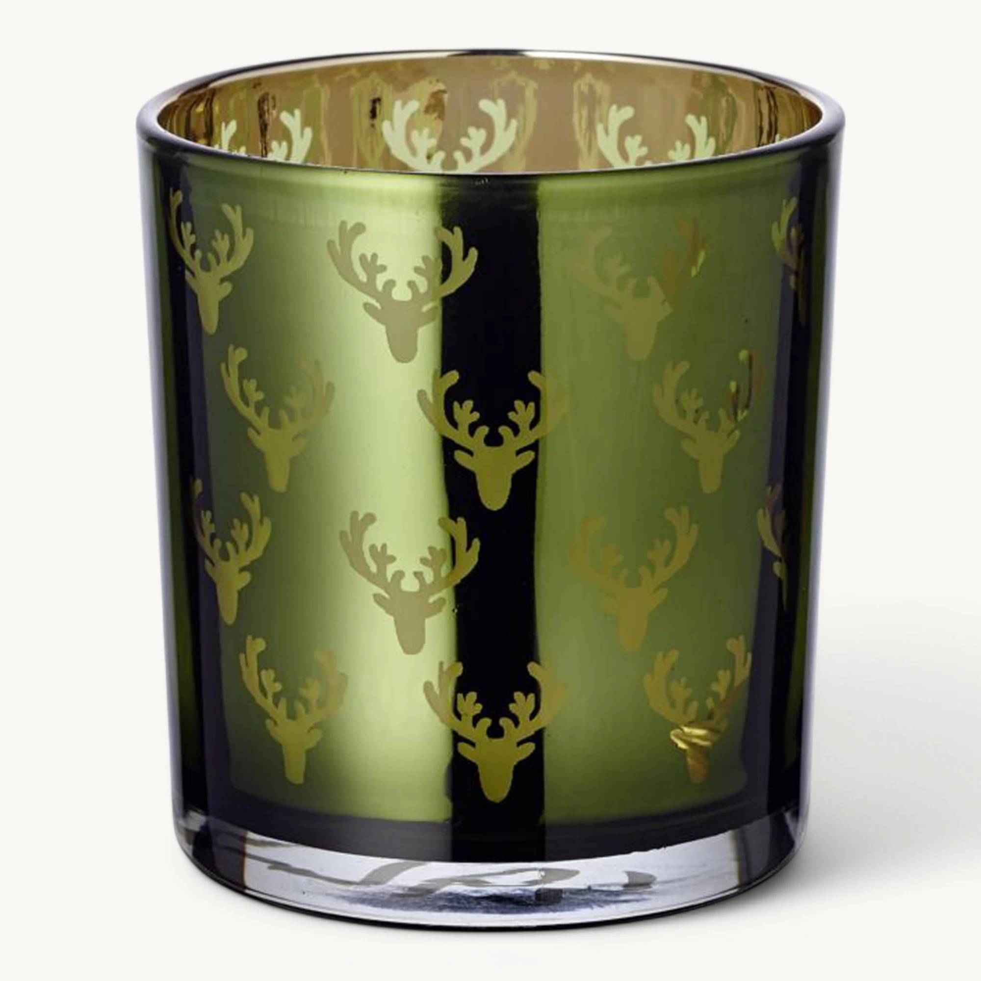 2er-Set Teelichtglas Dirk (Höhe 8 cm), grün & goldfarben, Hirsch-Motiv