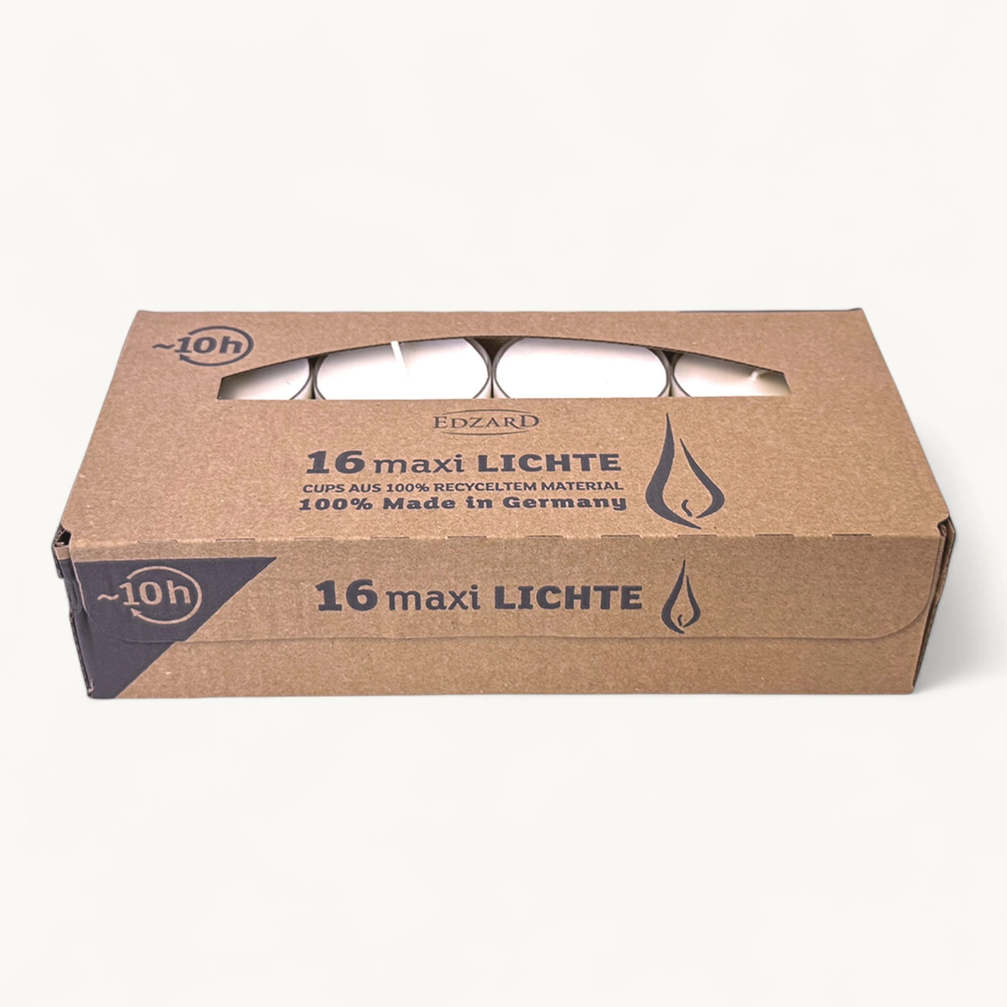 Set 16 Maxi Teelichter ø 58 mm, weiß, ohne Duft, Aluminiumhülle, Brenndauer 10 Stunden - plus 2 Mini-Stabfeuerzeuge Länge 11 cm