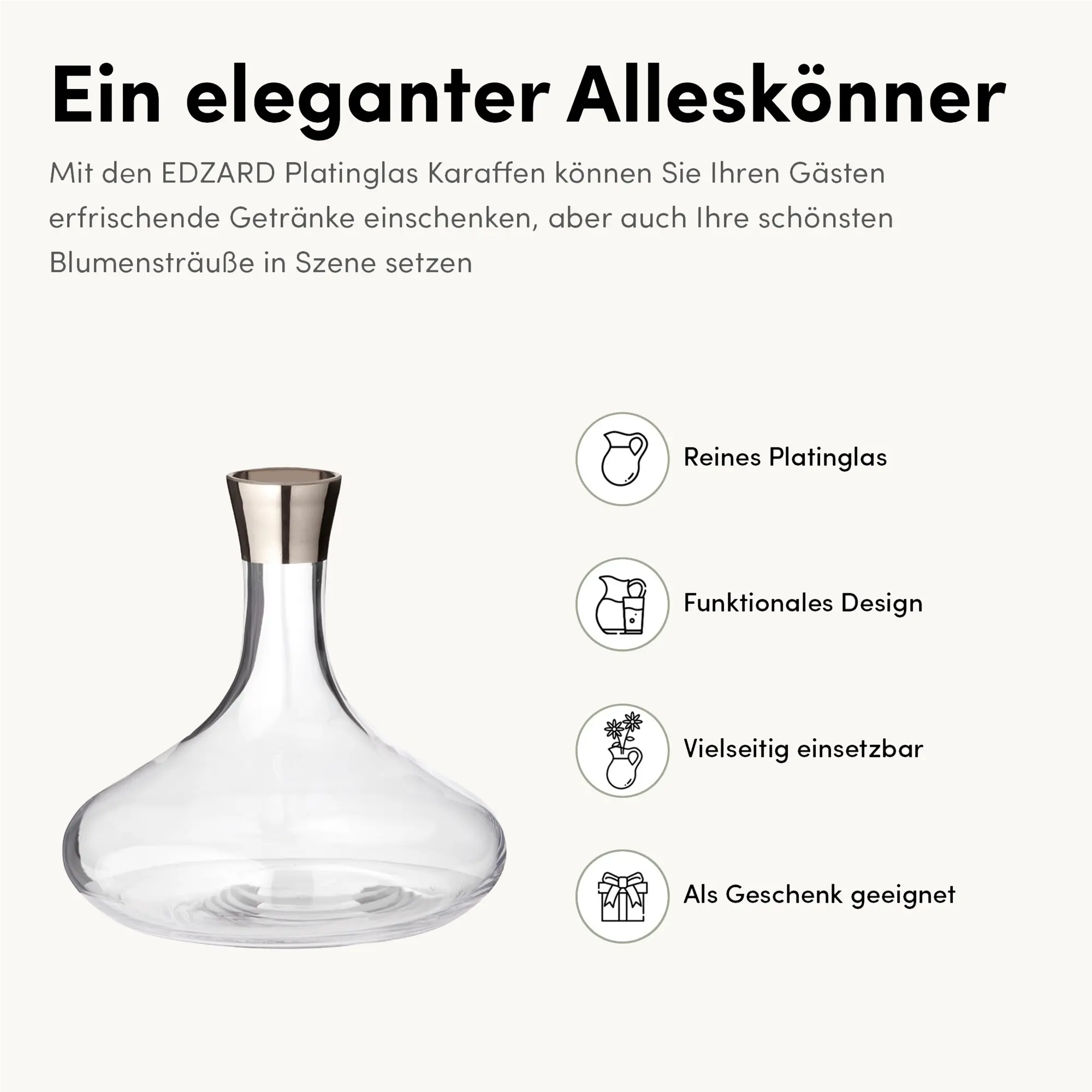 Karaffe Edward (1,6 Liter), mundgeblasenes Kristallglas, Platinrand