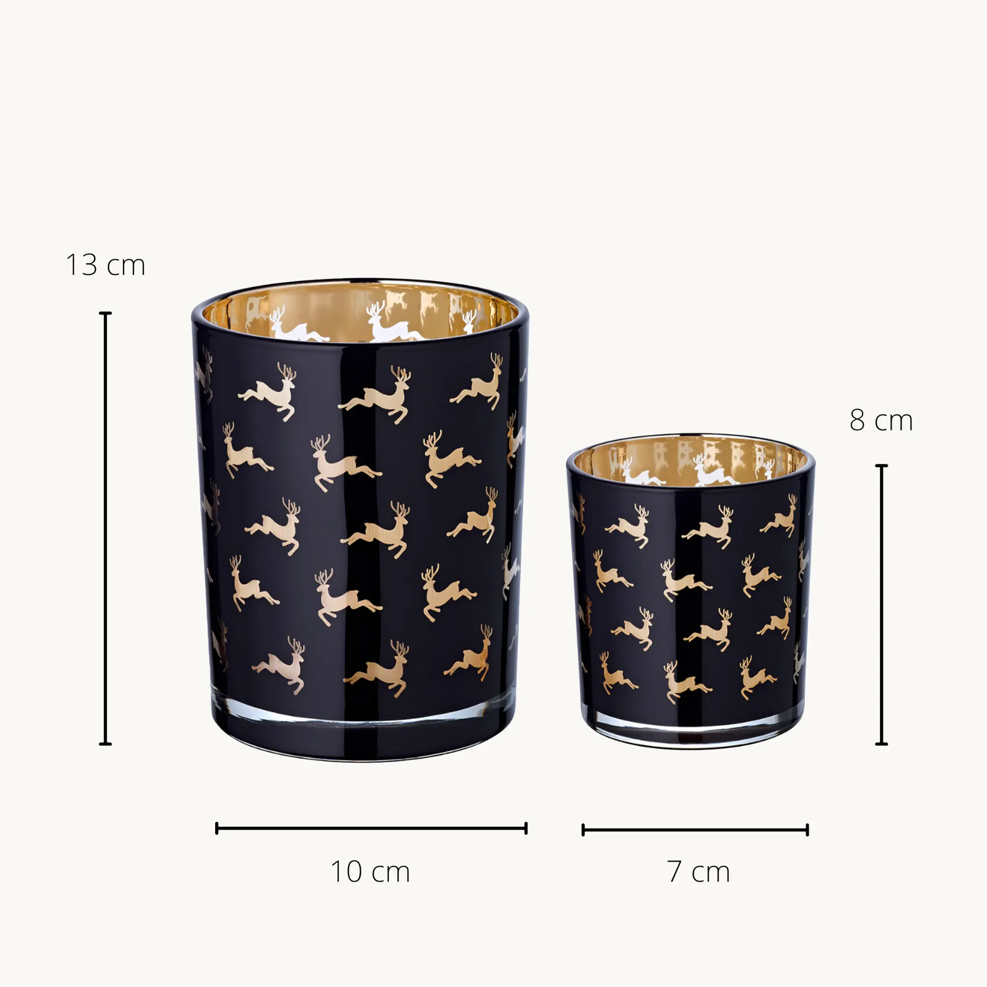 2er-Set Teelichtglas Luna (Höhe 8 & 13 cm), schwarz, Hirsch-Motiv
