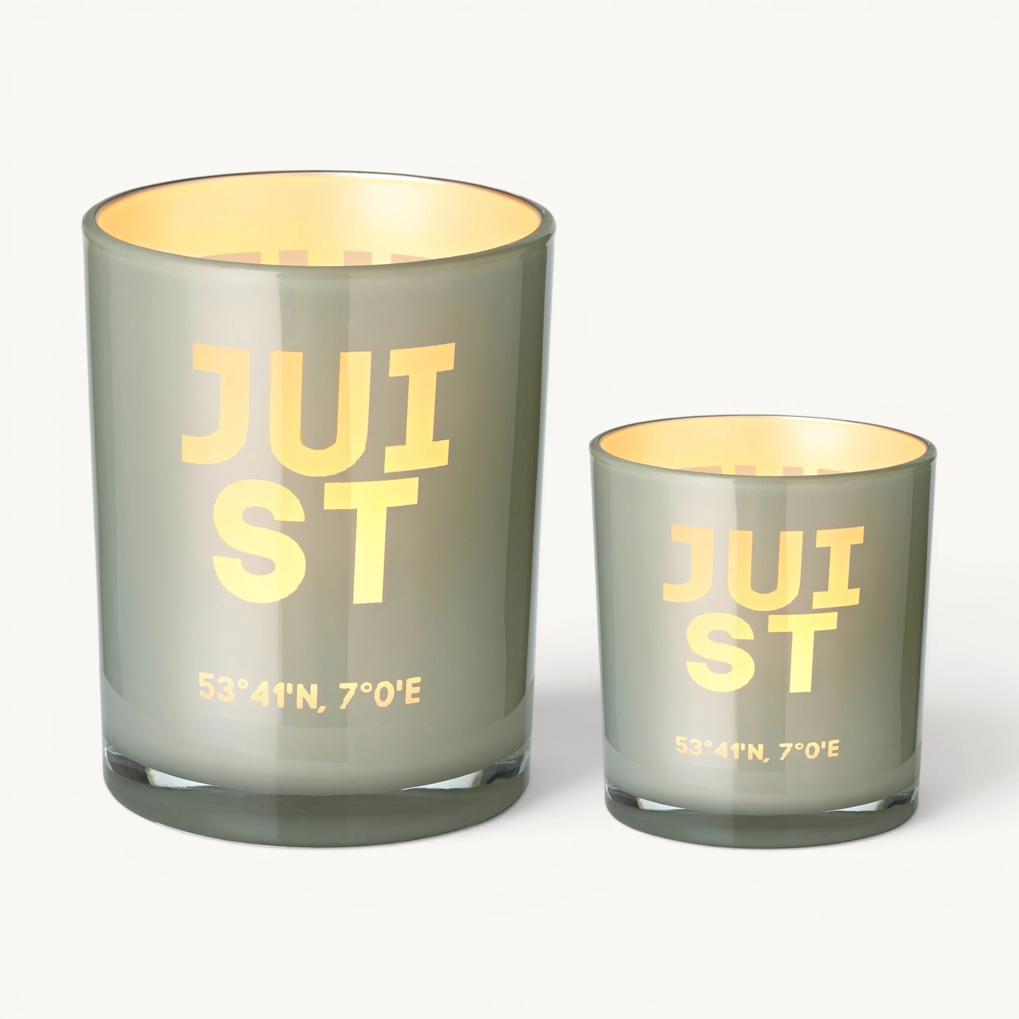 2er-Set Teelichtglas Juist (Höhe 8 & 12,5 cm), grau, Juist-Motiv