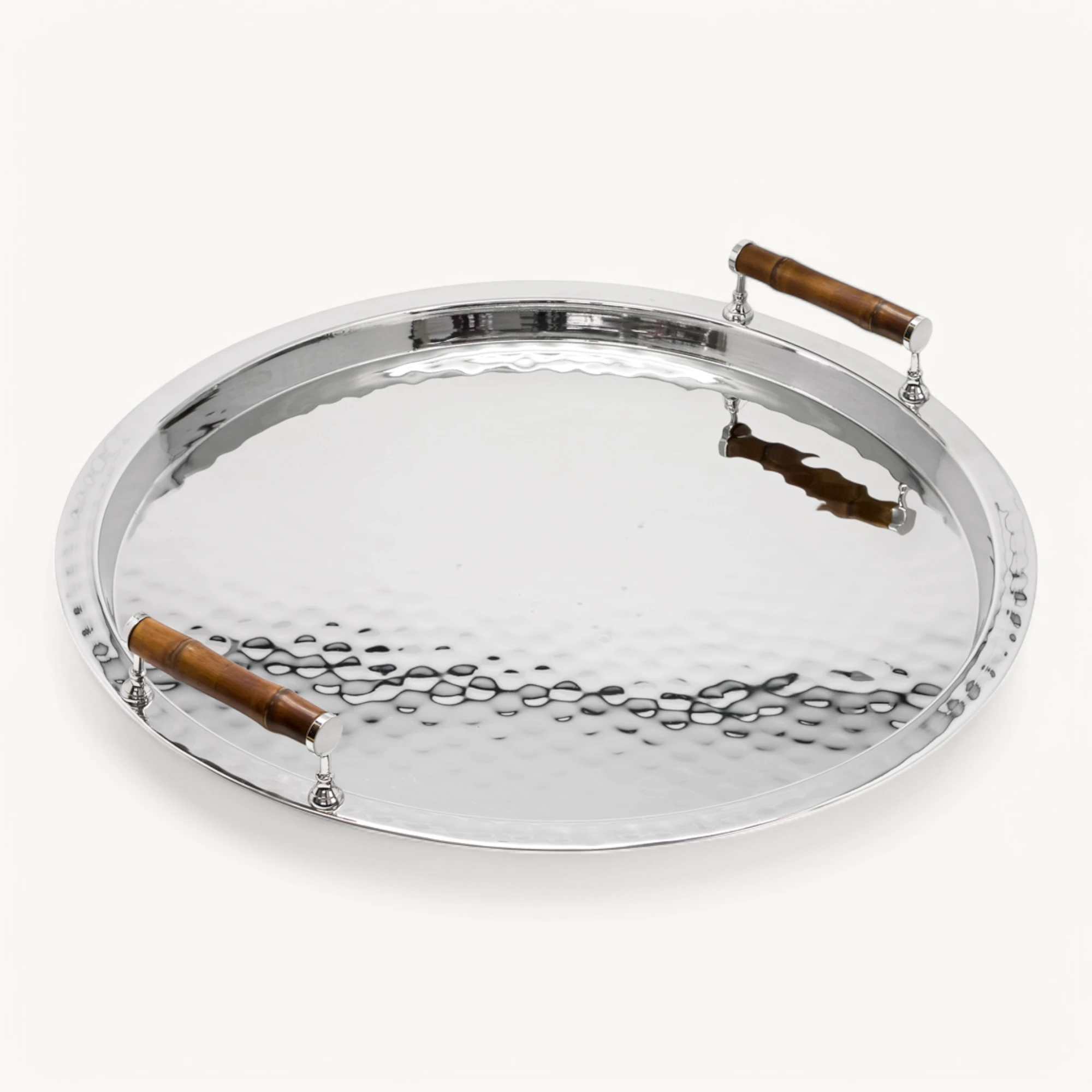 Serviertablett Hugo, Edelstahl vernickelt mit Bambusgriffen, rund, Durchmesser 55 cm