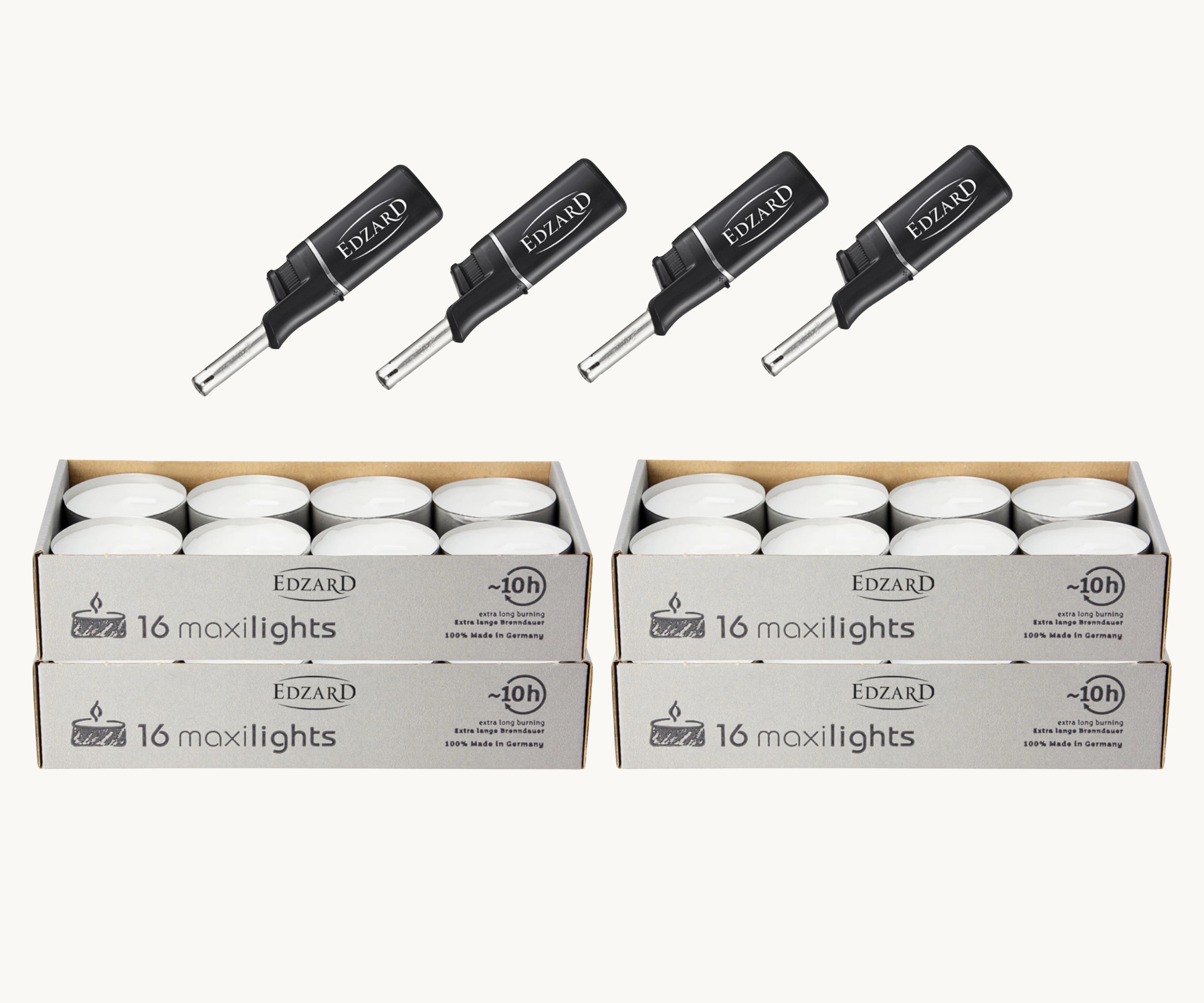 64 Stück Maxilights Maxi-Teelichter, Aluminiumhülle, inkl. 4 Mini-Stabfeuerzeuge