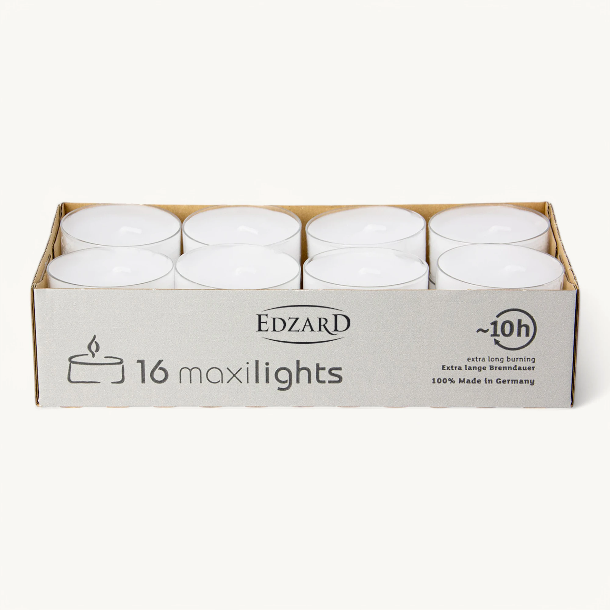 16 Stück Maxilights Maxi-Teelichter, weiß, transparente Kunststoffhülle