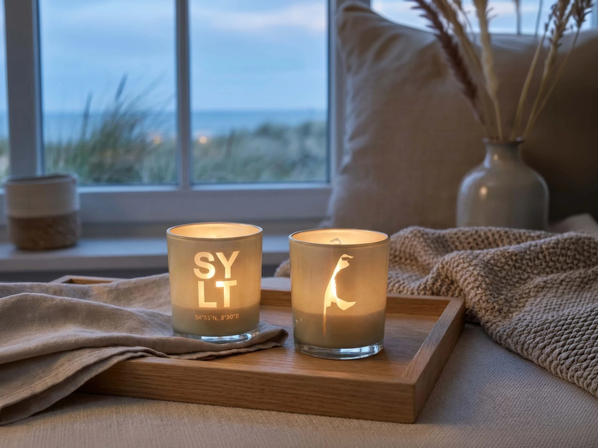 2er-Set Teelichtglas Sylt (Höhe 8 cm), grau, Sylt-Motiv