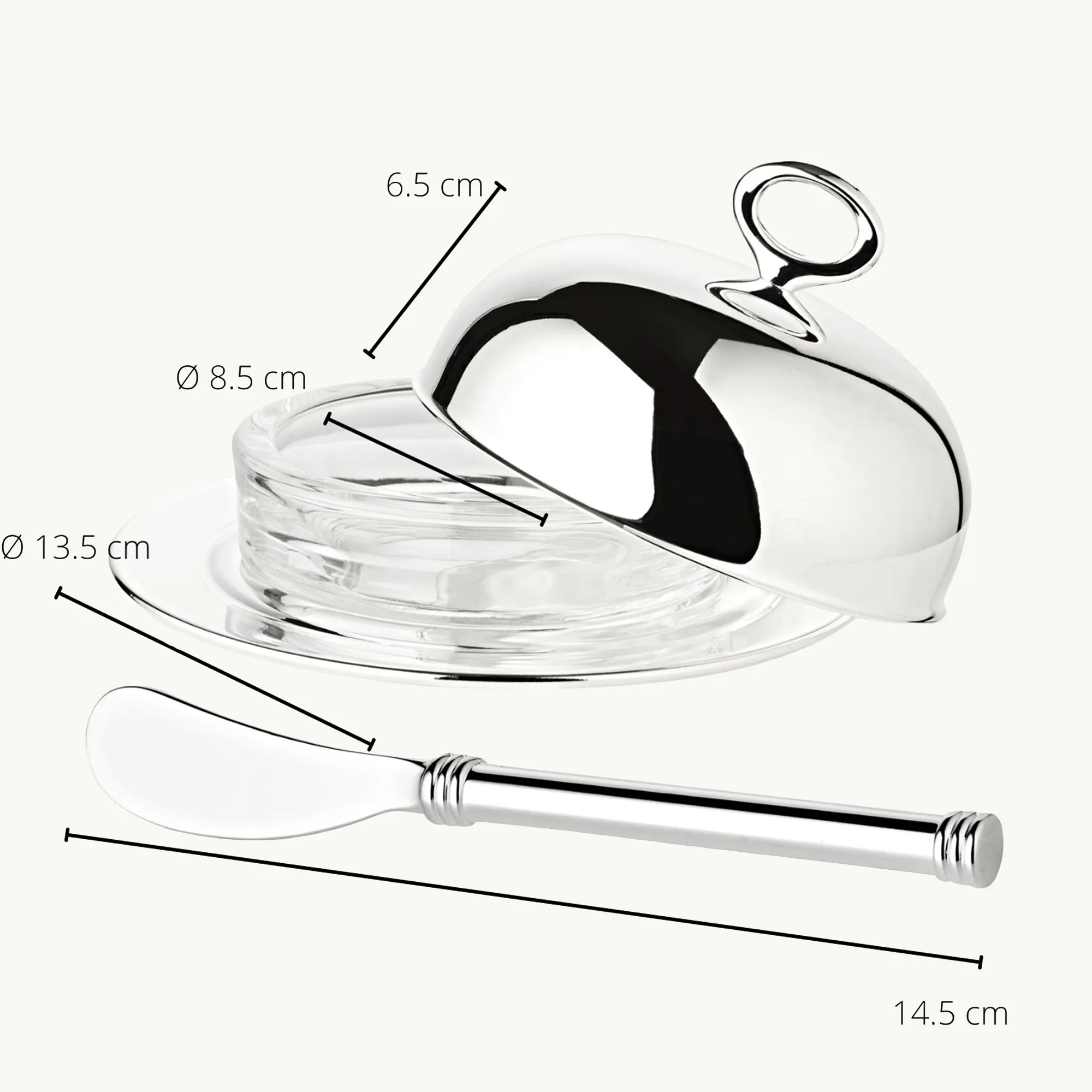 Butterglocke Jago (130 g Butter), edel versilbert, mit Glasschale & Buttermesser