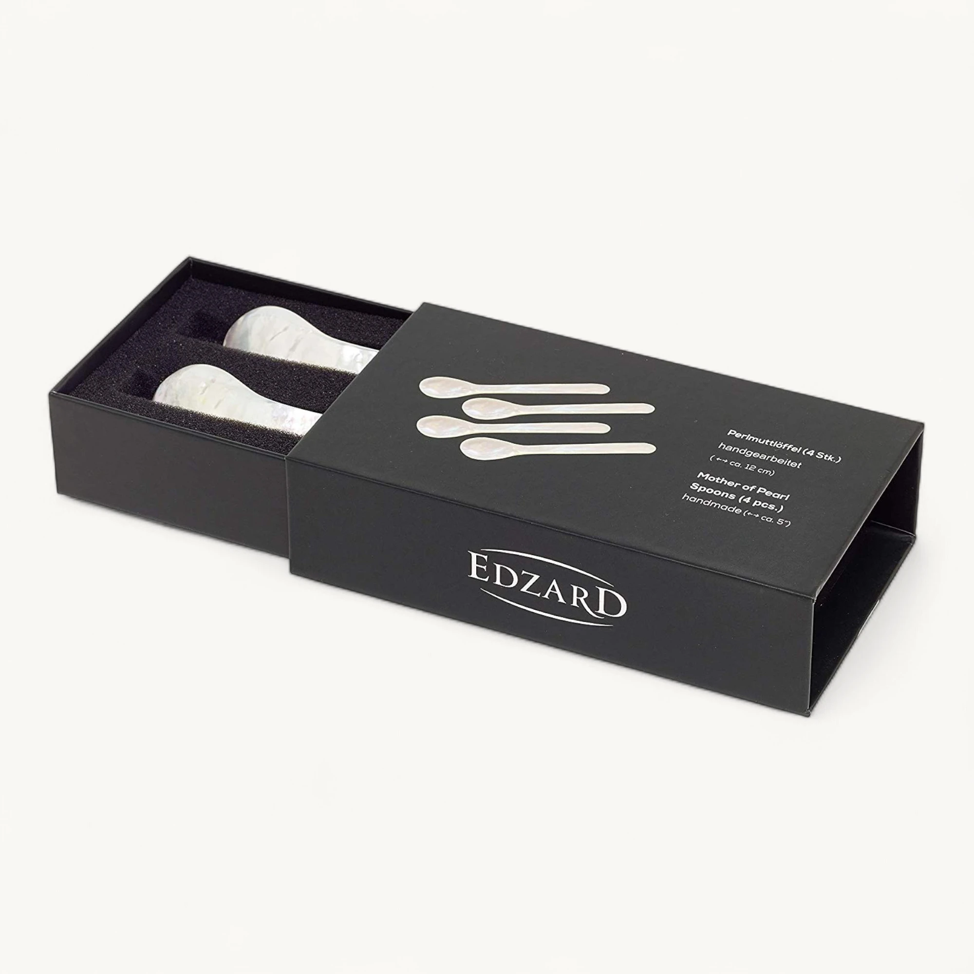 EDZARD 4er Set Eierlöffel (Länge 11 cm) aus echtem Meer-Perlmutt (Pinctada maxima), Handarbeit, 100% Naturprodukt, Griff oben abgerundet, edle Geschenkverpackung, Perlmuttlöffel für Ei und Kaviar