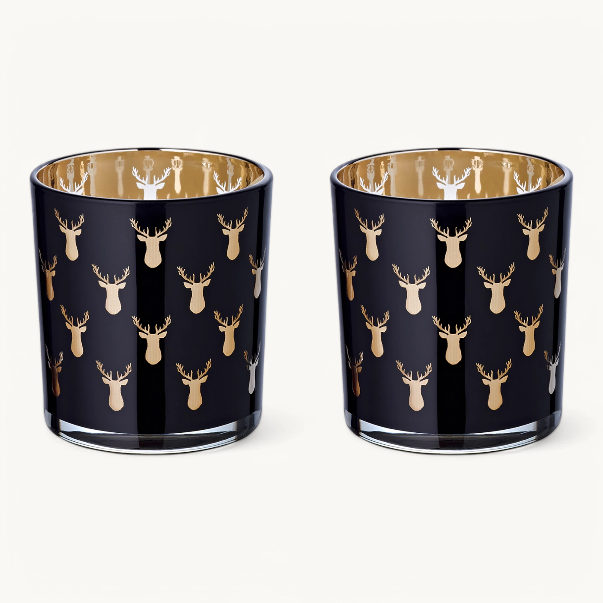 2er-Set Teelichtglas Rosy (Höhe 8 cm), schwarz, Hirsch-Motiv