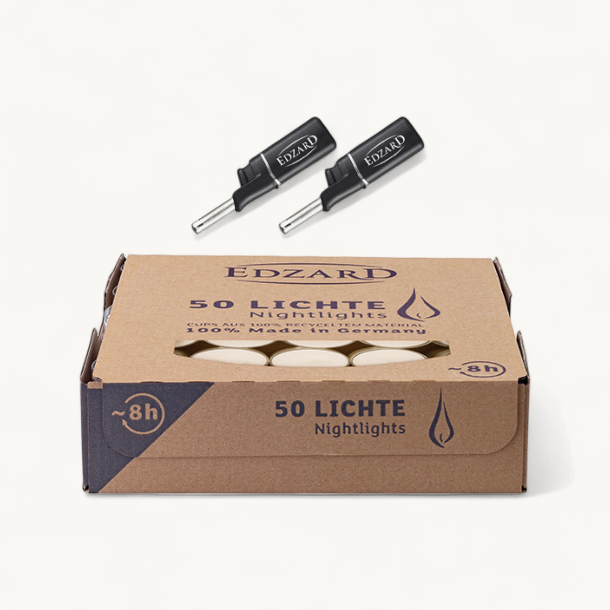 Set 50 Teelichter (8 Stunden) weiß, ohne Duft - plus 2 Mini-Stabfeuerzeuge - Teelichtkerzen für Teelichtglas, Laterne, Stövchen