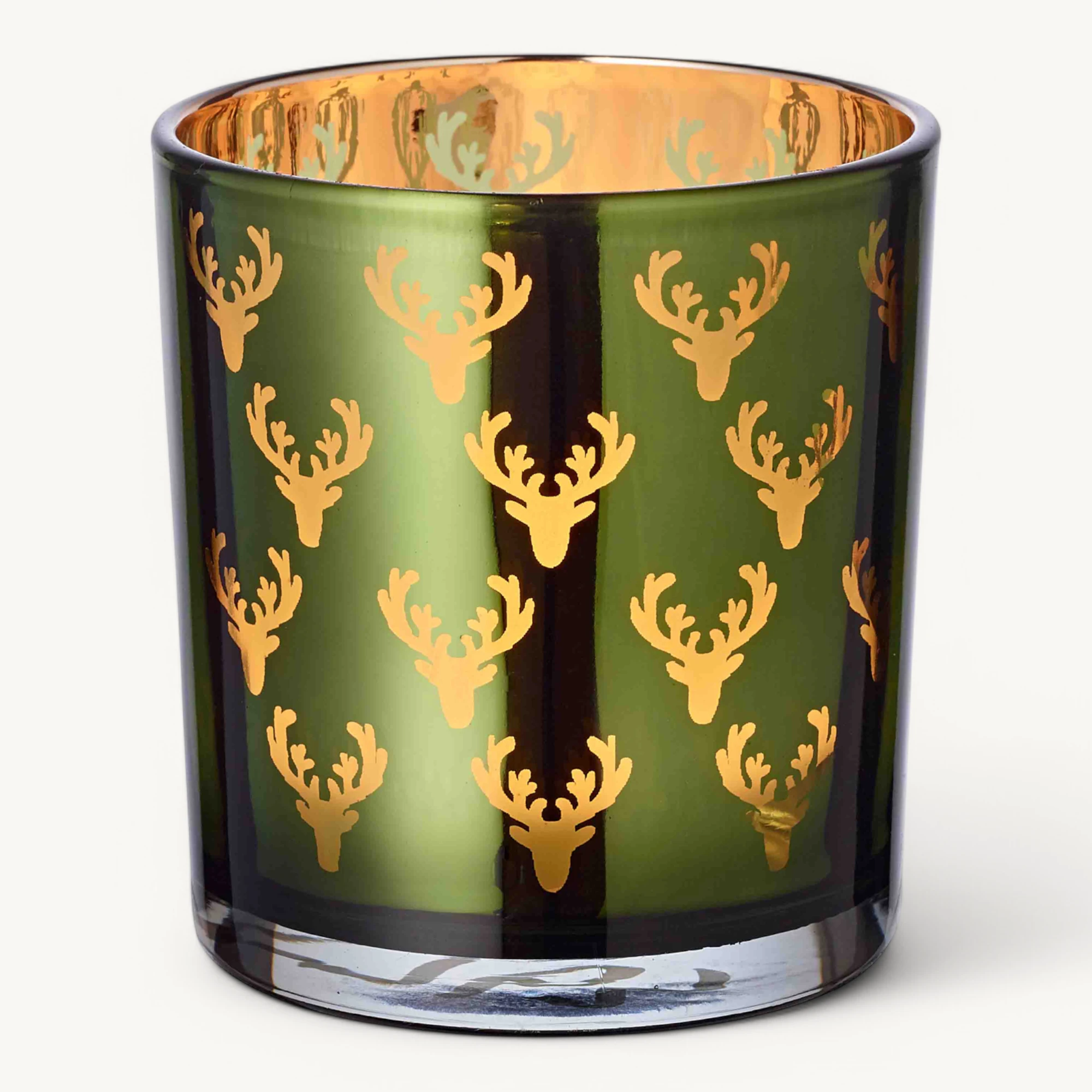 SALE Teelichtglas Dirk (Höhe 8 cm), grün & goldfarben, Hirsch-Motiv