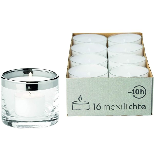 Windlicht Molly (H 6cm, Ø 7cm), mundgeblasenes Kristallglas mit Platinrand, Plus 16 Maxi-Teelichter