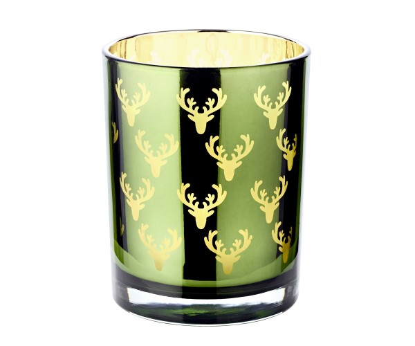Windlicht Teelichtglas Dirk, außen grün / innen gold, Hirsch-Design, Höhe 13 cm