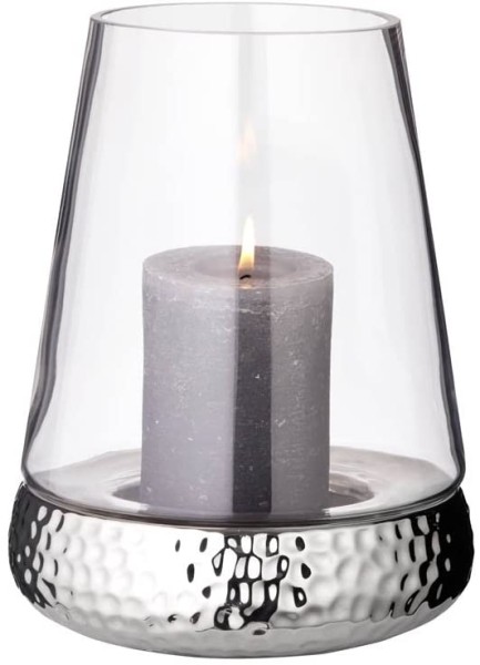 Windlicht Kerzenglas Bora mit gehämmertem Fuß, Glas und Keramik, Höhe 28 cm, Durchmesser 18 cm