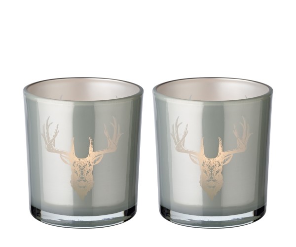 2er-Set Teelichtglas Eto (Höhe 8 cm, Ø 7 cm), grau, Windlicht mit Hirsch-Motiv