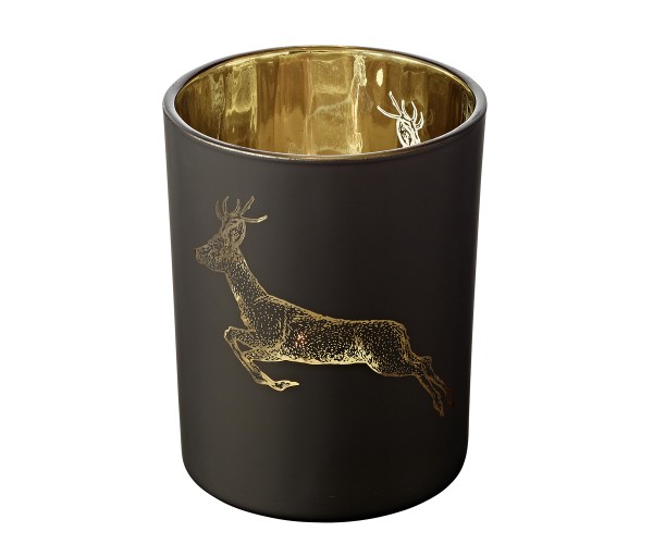 Teelichtglas Sammy (Höhe 13 cm), schwarz & goldfarben, Hirsch-Motiv