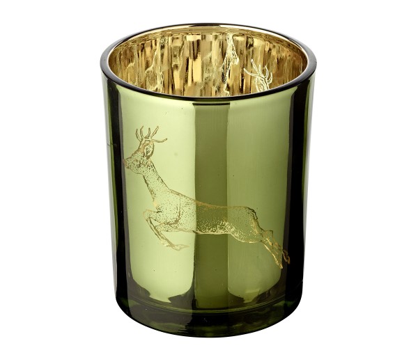 Windlicht Sammy (Höhe 13 cm, ø 10 cm), Hirsch-Motiv, Teelichthalter außen grün/innen Gold