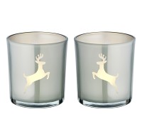 2er-Set Teelichtglas Loki (Höhe 8 cm, ø 7,5 cm) in Grau, Windlicht mit Hirsch-Motiv