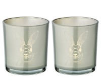 2er Set Teelichtglas Hase (Höhe 8 cm, ø 7,5 cm), in Grau, Teelichthalter Windlicht mit Hasen-Motiv