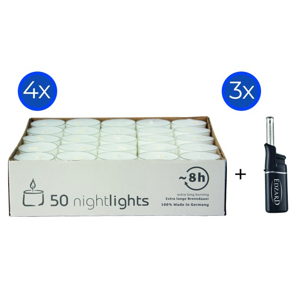 200 Stück Wenzel Nightlights durchsichtige Teelichtkerzen, weiß, Plus 3 Mini-Stabfeuerzeuge