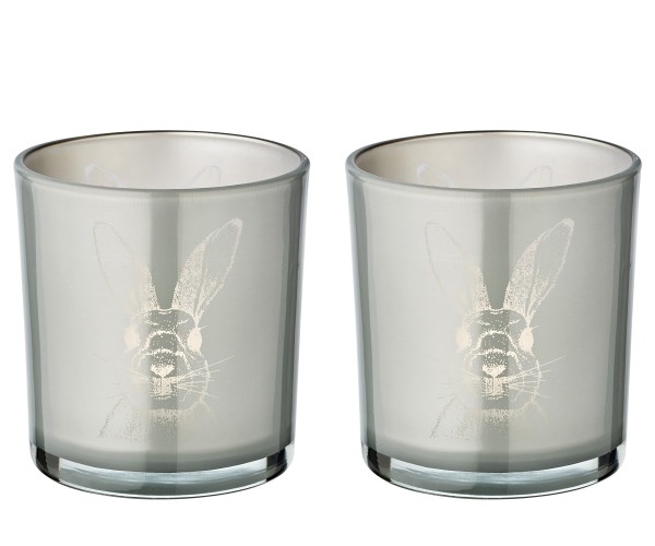 2er-Set Teelichtglas Hase (Höhe 8 cm), grau, Hasen-Motiv