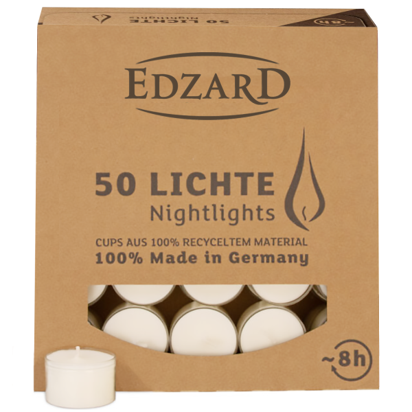 50 Stück Nightlights Teelichter, weiß, transparente Kunststoffhülle, Brenndauer ca. 8 h