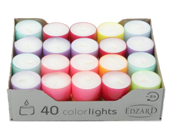 40 Stück Wenzel Colorlights Summer Teelichte, weiß, bunte Kunststoffhülle, ca. 8 h, ø 38 mm, H 24 mm