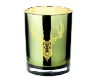 SALE Teelichtglas Ted (Höhe 13 cm) grün & goldfarben, Hirsch-Motiv