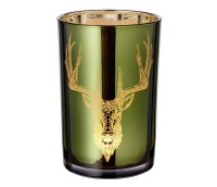 Windlicht Teelichtglas Alex, außen grün / innen gold, Hirsch-Design, Höhe 13 cm