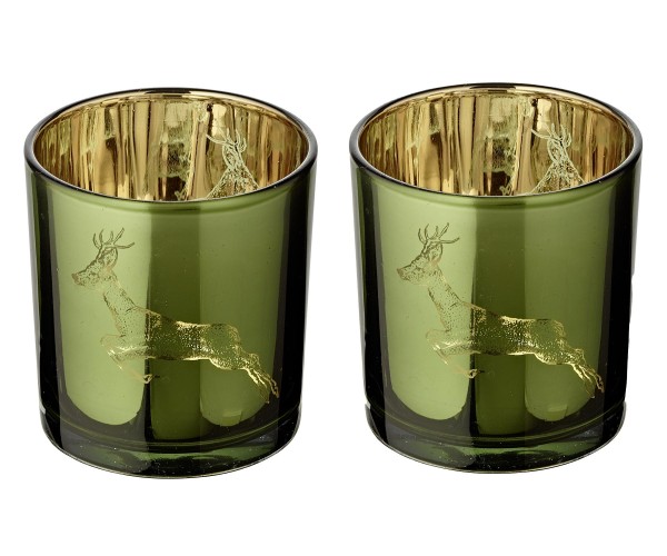2er-Set Teelichtglas Sammy (Höhe 8 cm), grün & goldfarben, Hirsch-Motiv*
