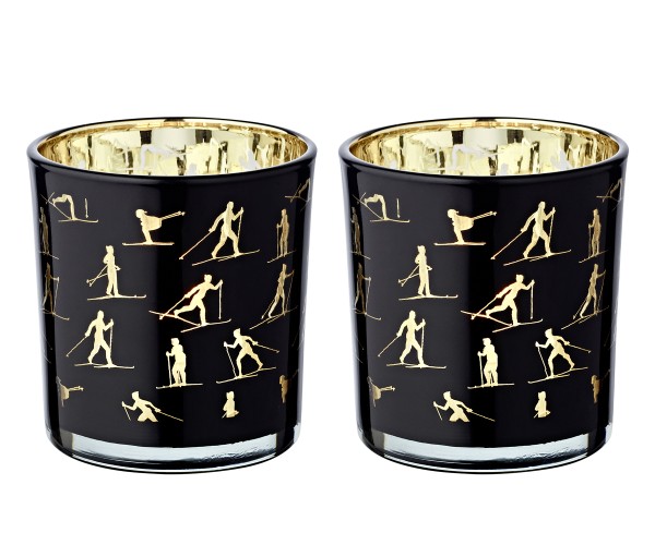 2er-Set Teelichtglas Monty (Höhe 8 cm), schwarz & goldfarben, Skisport-Motiv