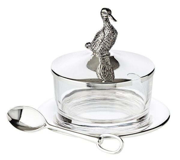Marmeladenglas Ente mit Untersetzer und Löffel, edel versilbert, Höhe 12 cm, ø 14 cm, ø Glas 9 cm