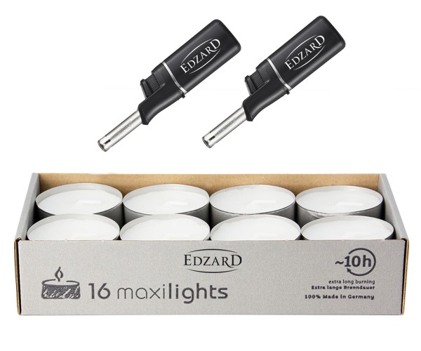 16 Stück Maxilights Maxi-Teelichter, Aluminiumhülle, inkl. 2 Mini-Stabfeuerzeuge