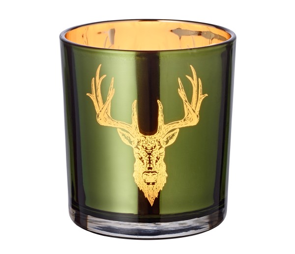 SALE Windlicht Teelichtglas Alex, außen grün / innen gold, Hirsch-Design, Höhe 8 cm, ø 7 cm