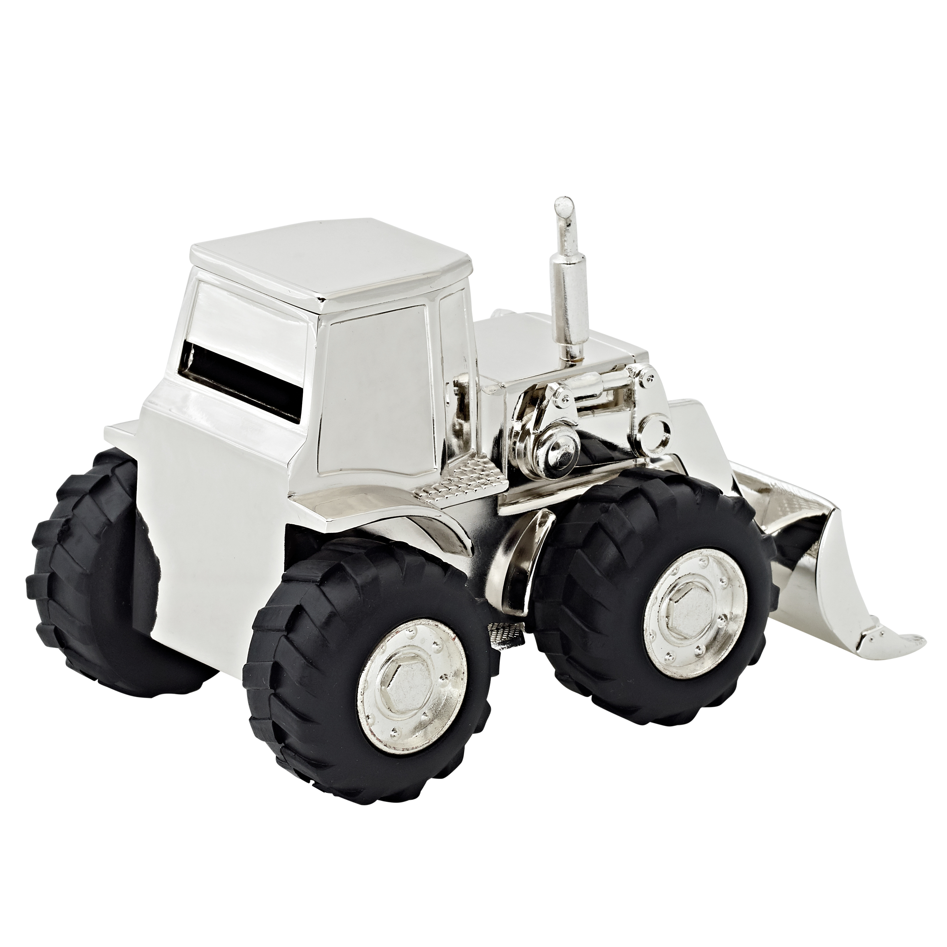 Spardose Sparbüchse Traktor Trecker, edel versilbert, anlaufgeschützt, Höhe 9 cm