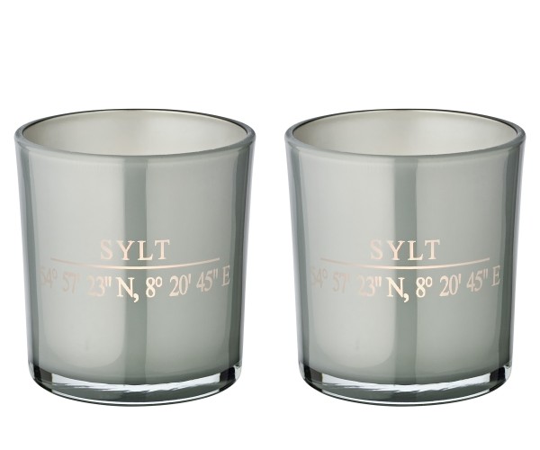 2er-Set Teelichtglas Sylt (Höhe 8 cm), grau, Sylt-Motiv