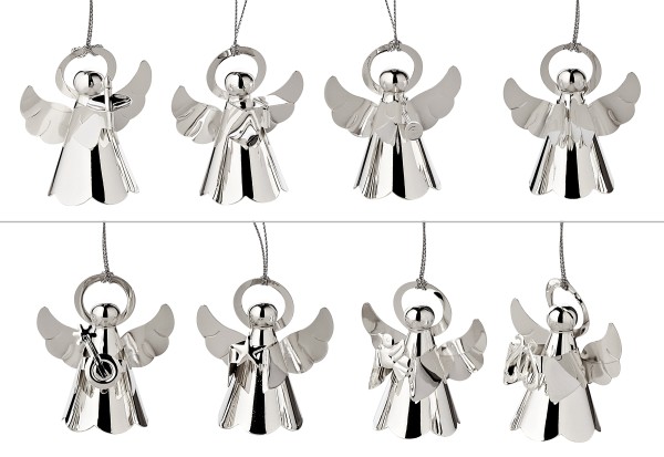 8er Set Baumschmuck Anhänger Engel mit verschiedenen Instrumenten, edel versilbert, Höhe 6 cm