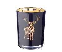Teelichtglas Fancy (Höhe 13 cm), schwarz & goldfarben, Hirsch-Motiv