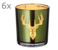 6er Set Windlicht Teelichtglas Alex, außen grün / innen gold, Hirsch-Design, Höhe 8 cm, ø 7 cm