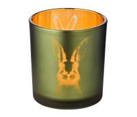 Windlicht Teelichtglas Hase, außen grün / innen gold, Hasen-Design, Höhe 8 cm, ø 7 cm*