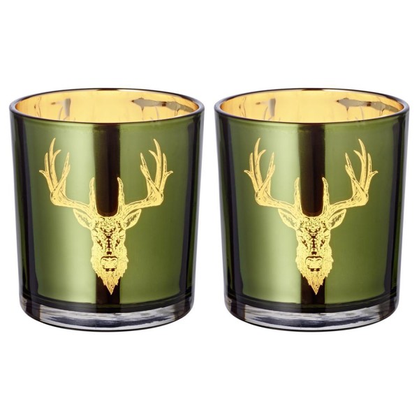 2er-Set Teelichtglas Ted (Höhe 8 cm), grün & goldfarben, Hirsch-Motiv
