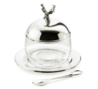 Marmeladenglas Hirsch mit Untersetzer und Löffel, edel versilbert, Höhe 11 cm, ø 14 cm, ø Glas 10 cm