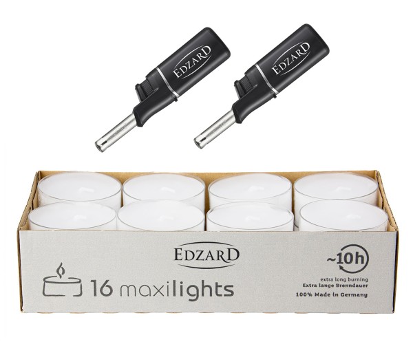16 Stück Maxilights Maxi-Teelichter, transparente Kunststoffhülle, inkl. 2 Mini-Stabfeuerzeuge
