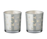 2er-Set Teelichtglas Hiti (Höhe 8 cm), grau, Rentier-Motiv